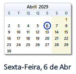 6 Abril 2029 calendario