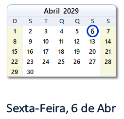 6 Abril 2029 calendario