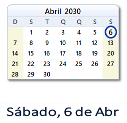 6 Abril 2030 calendario