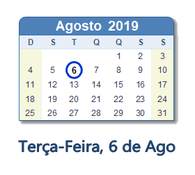 6 Agosto 2019 calendario