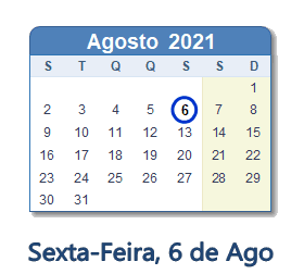 6 Agosto 2021 calendario
