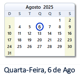 6 Agosto 2025 calendario