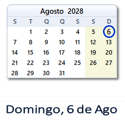 6 Agosto 2028 calendario