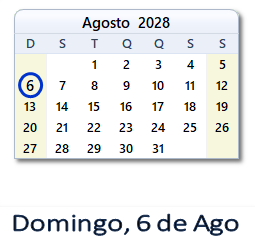 6 Agosto 2028 calendario