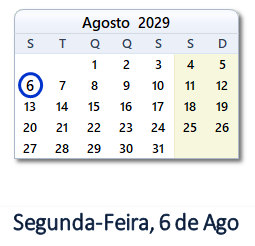 6 Agosto 2029 calendario