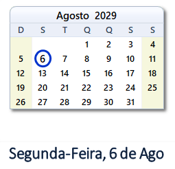 6 Agosto 2029 calendario