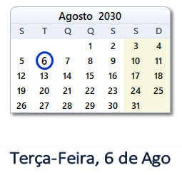 6 Agosto 2030 calendario