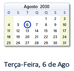 6 Agosto 2030 calendario