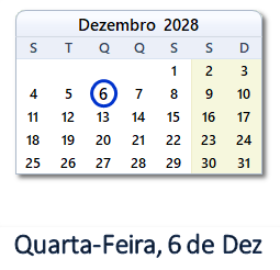 6 Dezembro 2028 calendario