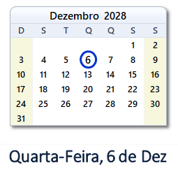 6 Dezembro 2028 calendario
