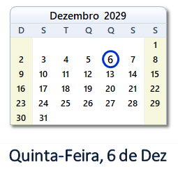 6 Dezembro 2029 calendario