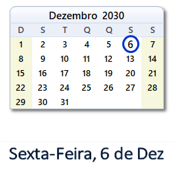 6 Dezembro 2030 calendario