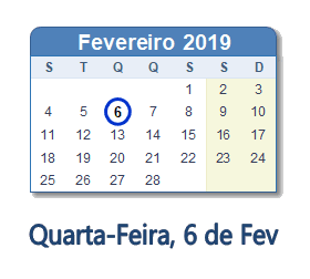 6 Fevereiro 2019 calendario