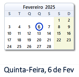 6 Fevereiro 2025 calendario