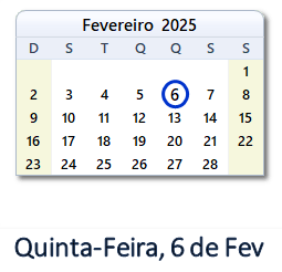 6 Fevereiro 2025 calendario
