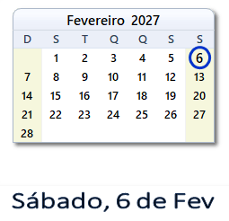 6 Fevereiro 2027 calendario