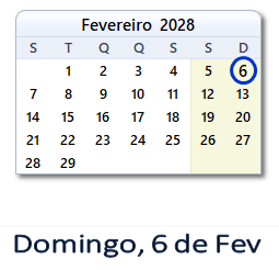 6 Fevereiro 2028 calendario