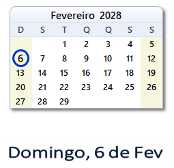 6 Fevereiro 2028 calendario