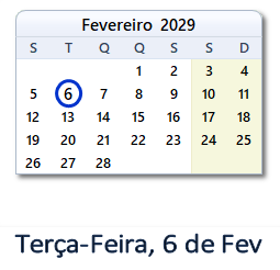 6 Fevereiro 2029 calendario