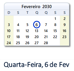 6 Fevereiro 2030 calendario