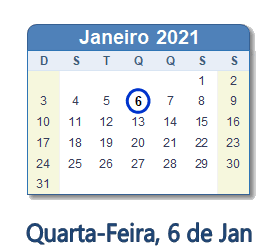 6 Janeiro 2021 calendario