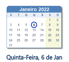 6 Janeiro 2022 calendario