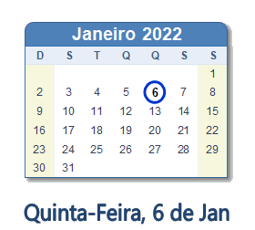 6 Janeiro 2022 calendario
