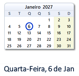 6 Janeiro 2027 calendario