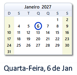 6 Janeiro 2027 calendario