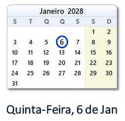 6 Janeiro 2028 calendario