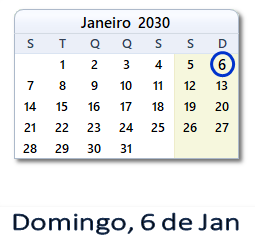 6 Janeiro 2030 calendario