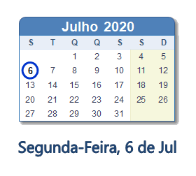 6 Julho 2020 calendario