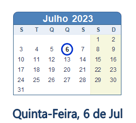 6 Julho 2023 calendario