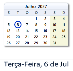 6 Julho 2027 calendario