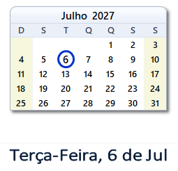 6 Julho 2027 calendario
