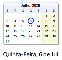 6 Julho 2028 calendario