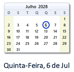 6 Julho 2028 calendario