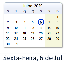 6 Julho 2029 calendario
