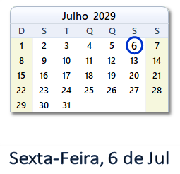 6 Julho 2029 calendario