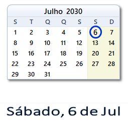 6 Julho 2030 calendario