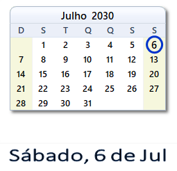 6 Julho 2030 calendario