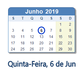 6 Junho 2019 calendario