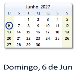6 Junho 2027 calendario