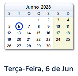 6 Junho 2028 calendario