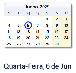 6 Junho 2029 calendario