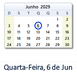 6 Junho 2029 calendario