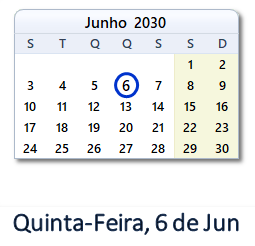 6 Junho 2030 calendario