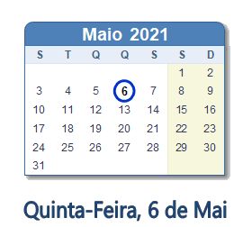 6 Maio 2021 calendario