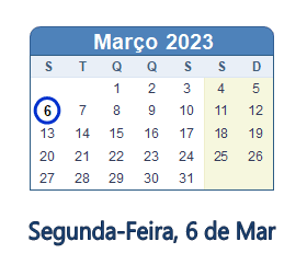 6 Março 2023 calendario