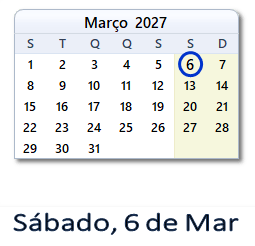 6 Março 2027 calendario